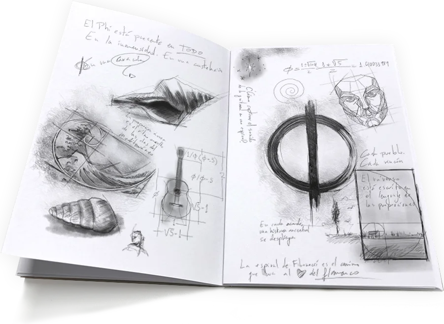 El cuaderno de la caja de Pueblo Salvaje II, abierto: bocetos a lápiz de caracolas, una ola, una guitarra y el símbolo Φ.